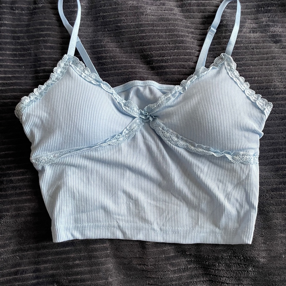 Light Blue Lace Trim Crop Top